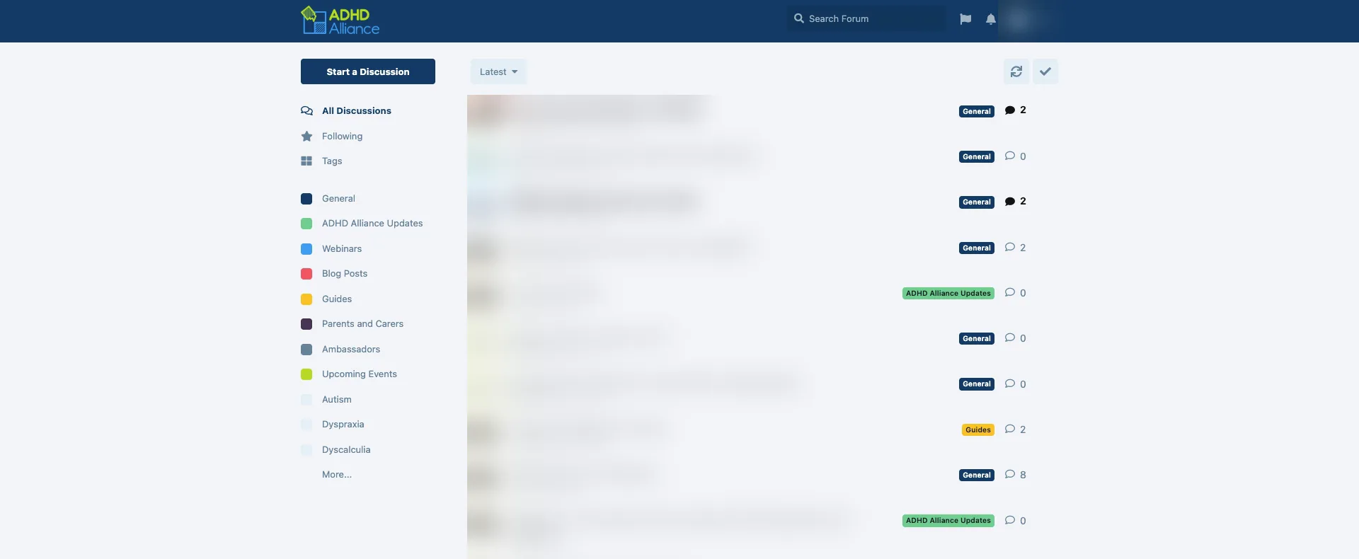 Preview of the ADHD Alliance forum showing the category list and tagged discussions. Member names and thread titles are blurred.